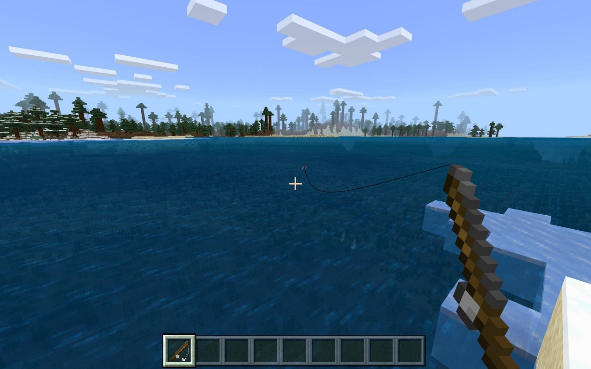 A player fishes in-game. Image via Minecraft.