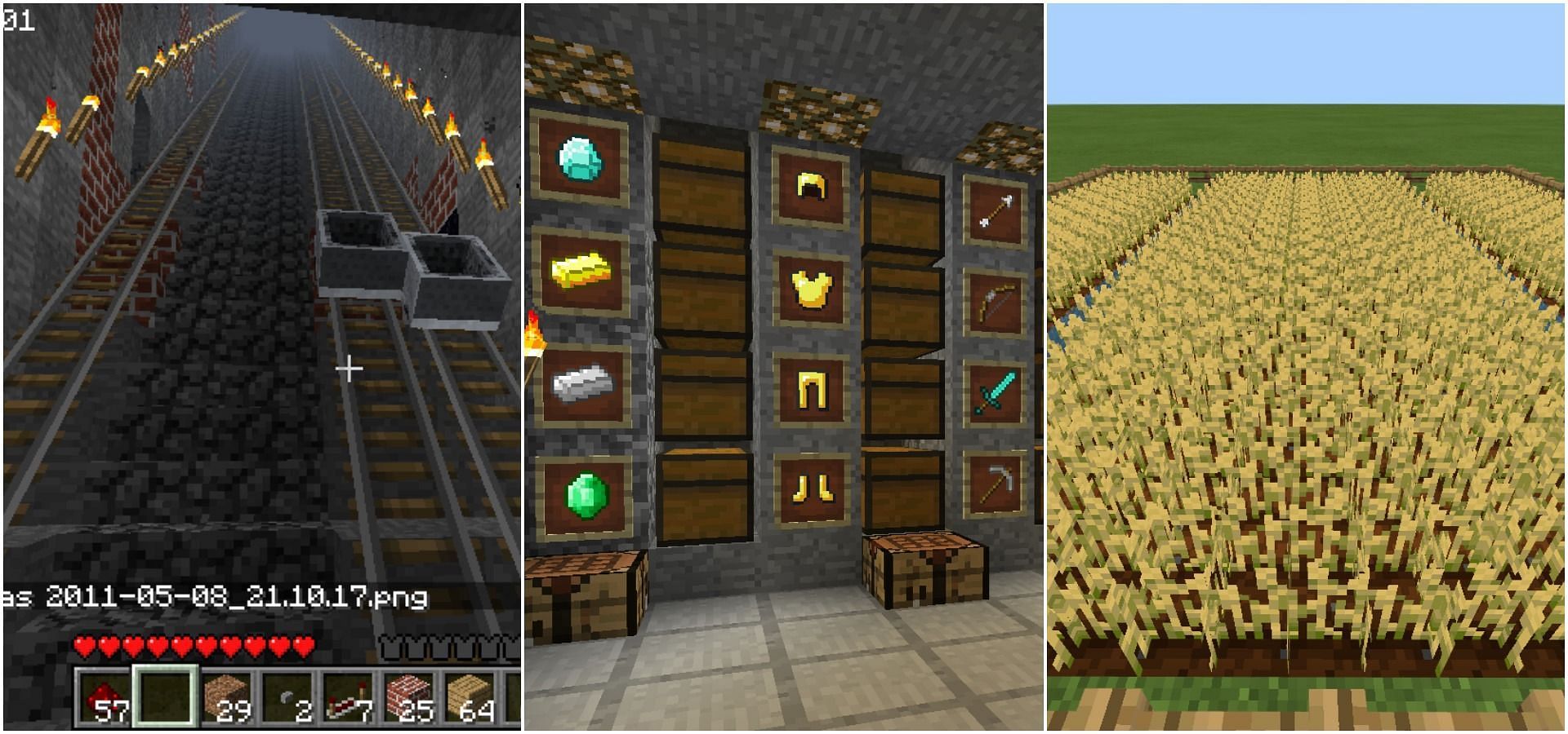A rail system, chests, and a wheat farm (Image via Minecraft)