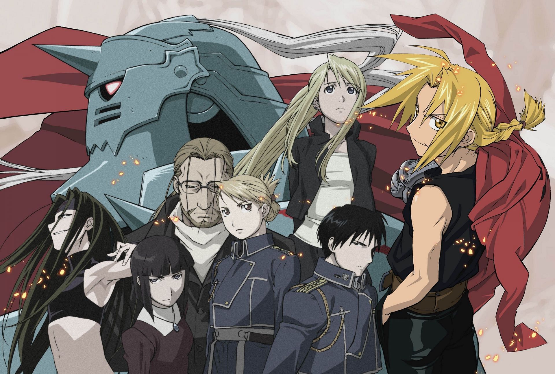 The main cast of Fullmetal alchemist, featuring Ed (right, blonde hair) and Al (top left, armored helmet), the two main protagonists of the story (Image via Google)