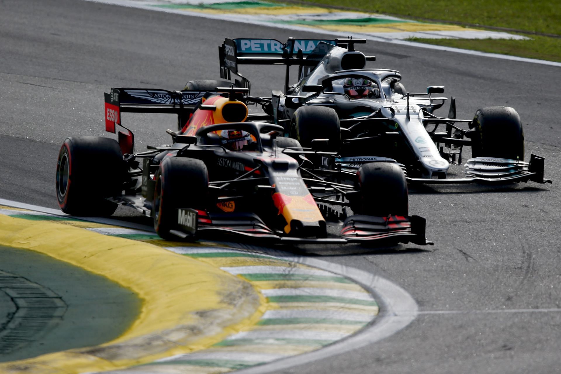 Max Verstappen and Lewis Hamilton at the Brazil Grand Prix. (Photo by Charles Coates/Getty Images)