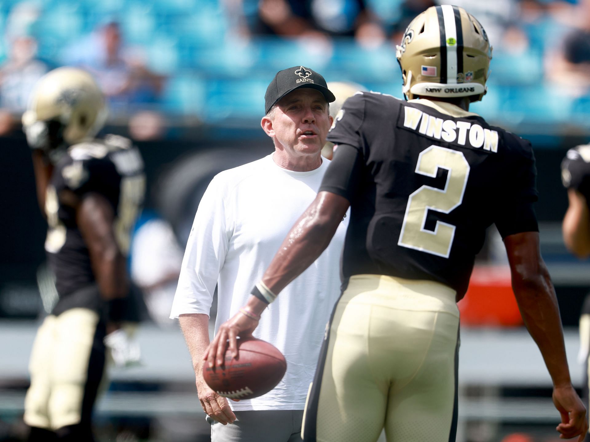 New Orleans Saints head coach Sean Payton and quarterback Jameis Winston