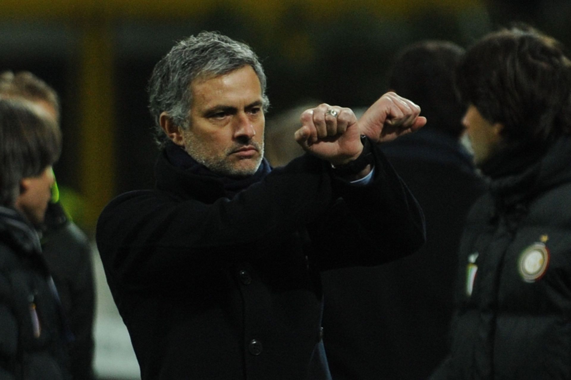 Jose Mourinho&#039;s infamous handcuff gesture while managing Inter Milan.