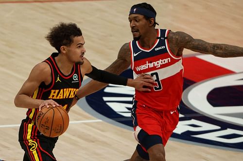 Trae Young of the Atlanta Hawks against Washington Wizards' Bradley Beal.