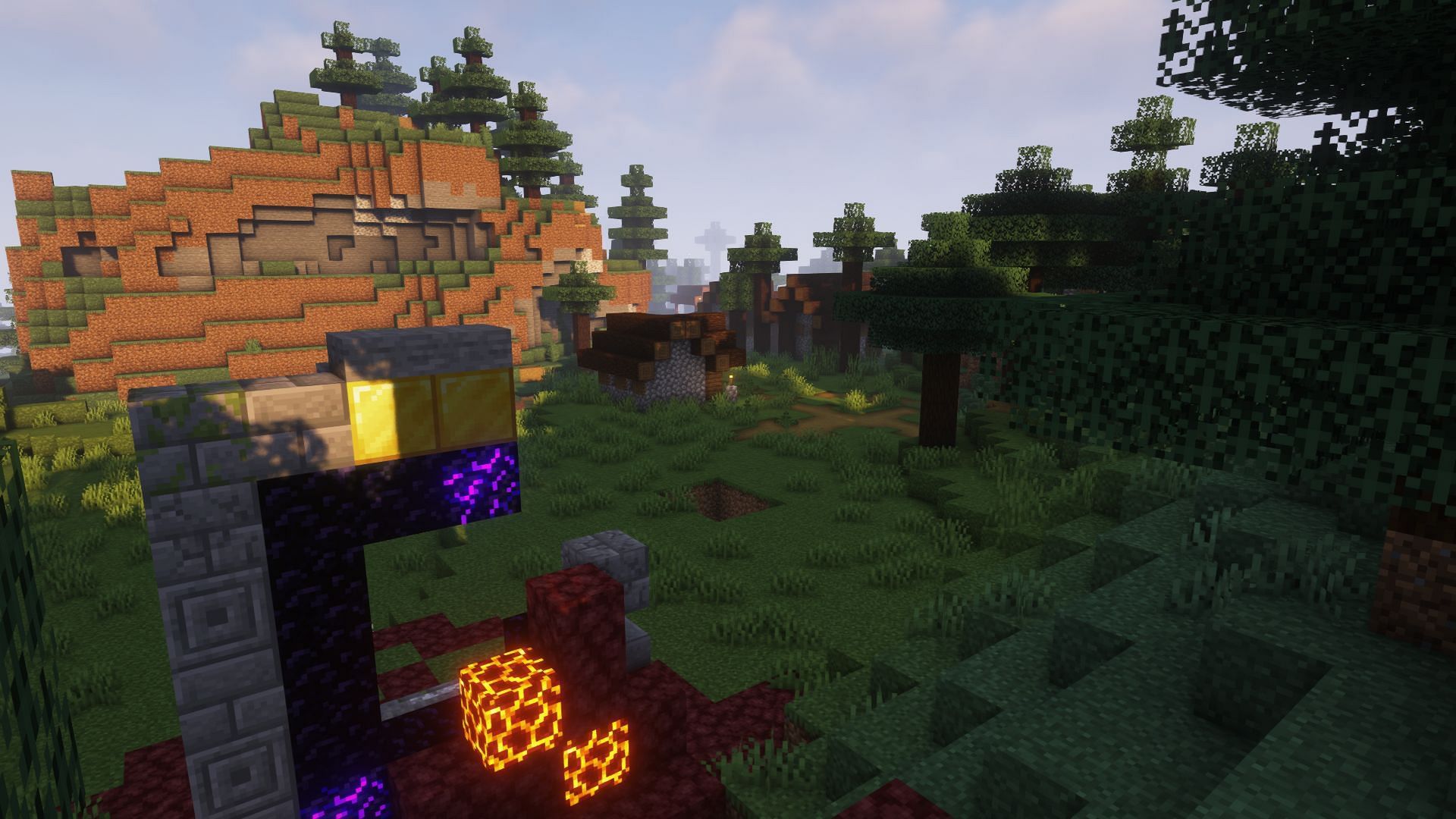 Ruined portal next to a village (Image via Minecraft)