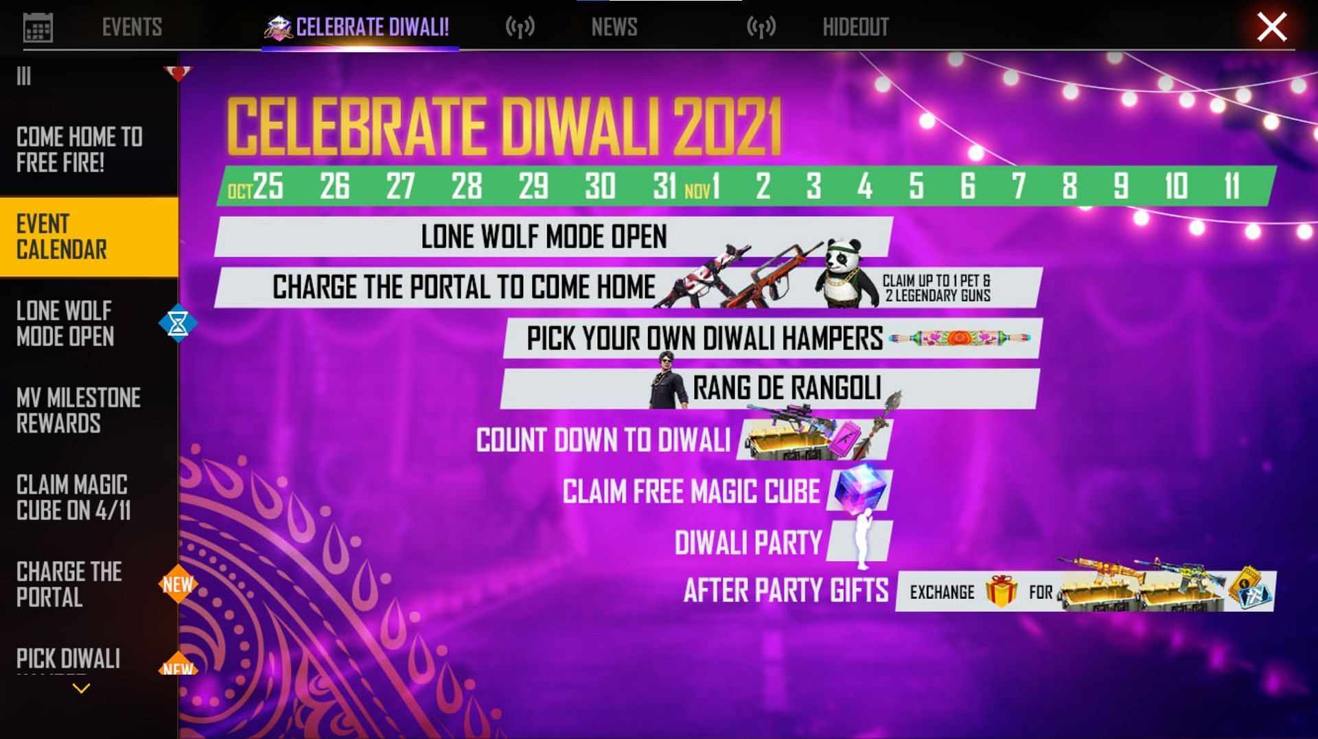 Players must navigate through the ongoing Diwali event (Image via Free Fire)