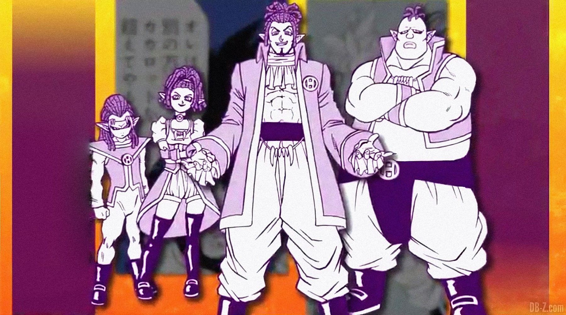The Heeters as seen in the Dragon Ball Super manga. From left to right, their names are Gas, Macki, Elec, and Oil (Image via Shueisha)