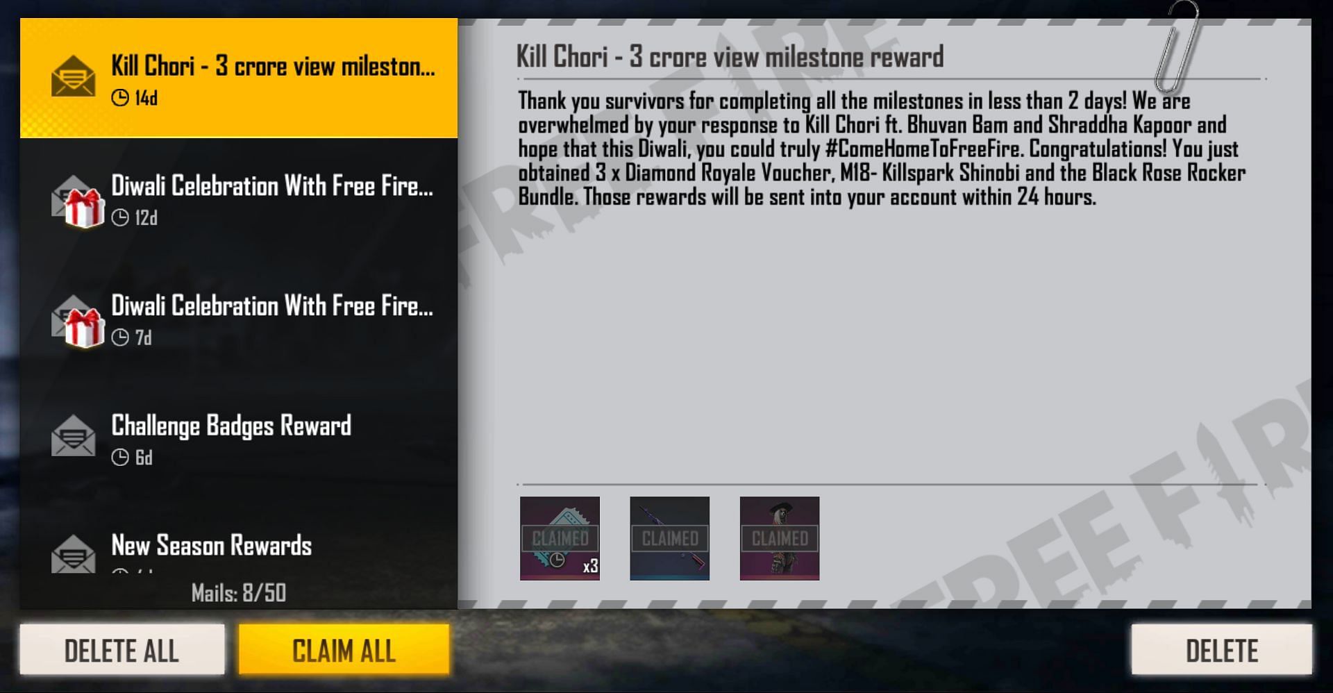 The three rewards from the redeem code (Image via Free Fire)