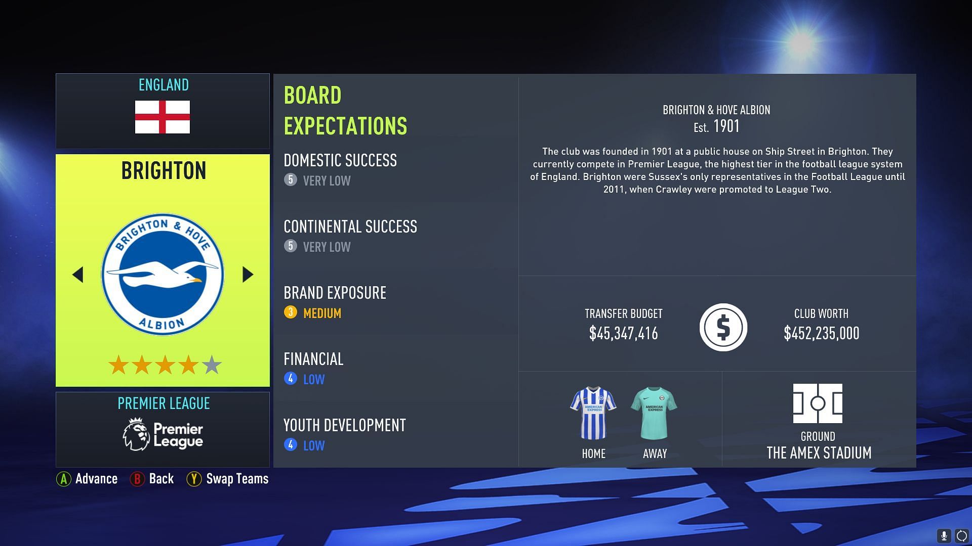 Brighton need medium Brand Exposure in FIFA 22 Career Mode (Image via Sportskeeda)