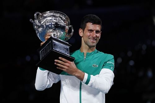 Novak Djokovic celebrates winning the 2021 Australian Open