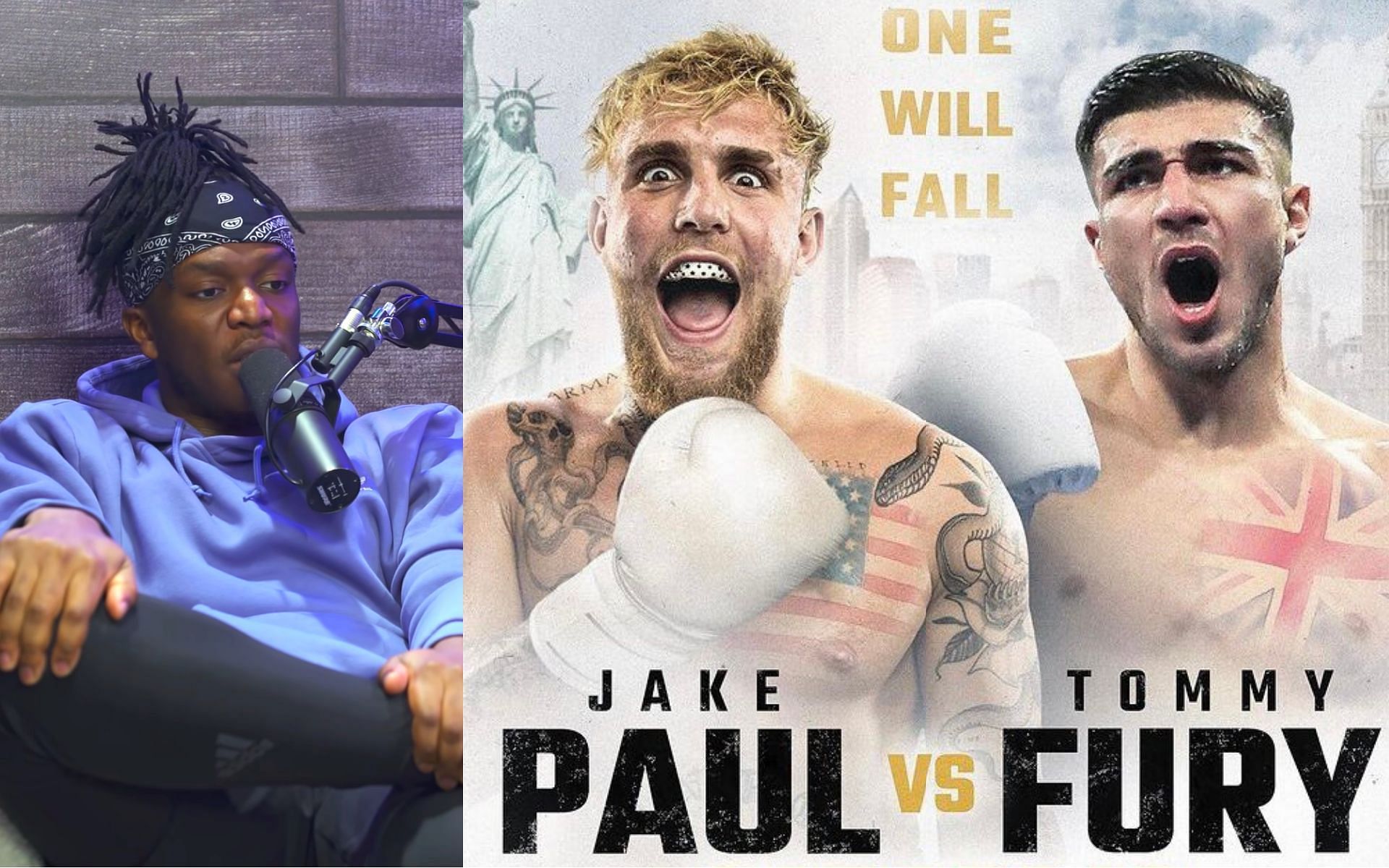 KSI (left) via youtube/What&#039;sGoodPodcast; Offical poster release of Jake Paul vs Tommy Fury via. twitter/MichaelBensonn