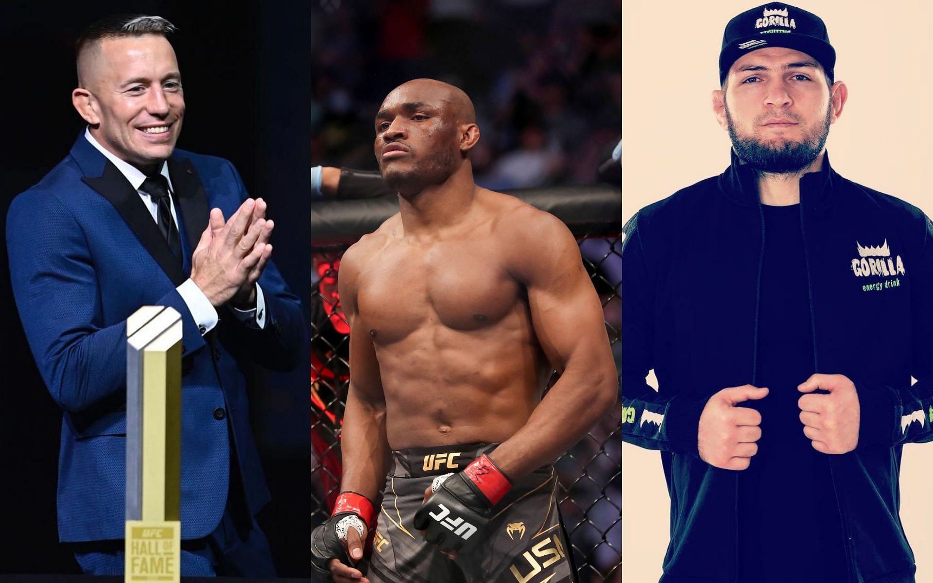 Georges St-Pierra (left), Kamaru Usman (center) &amp; Khabib Nurmagomedov (right)