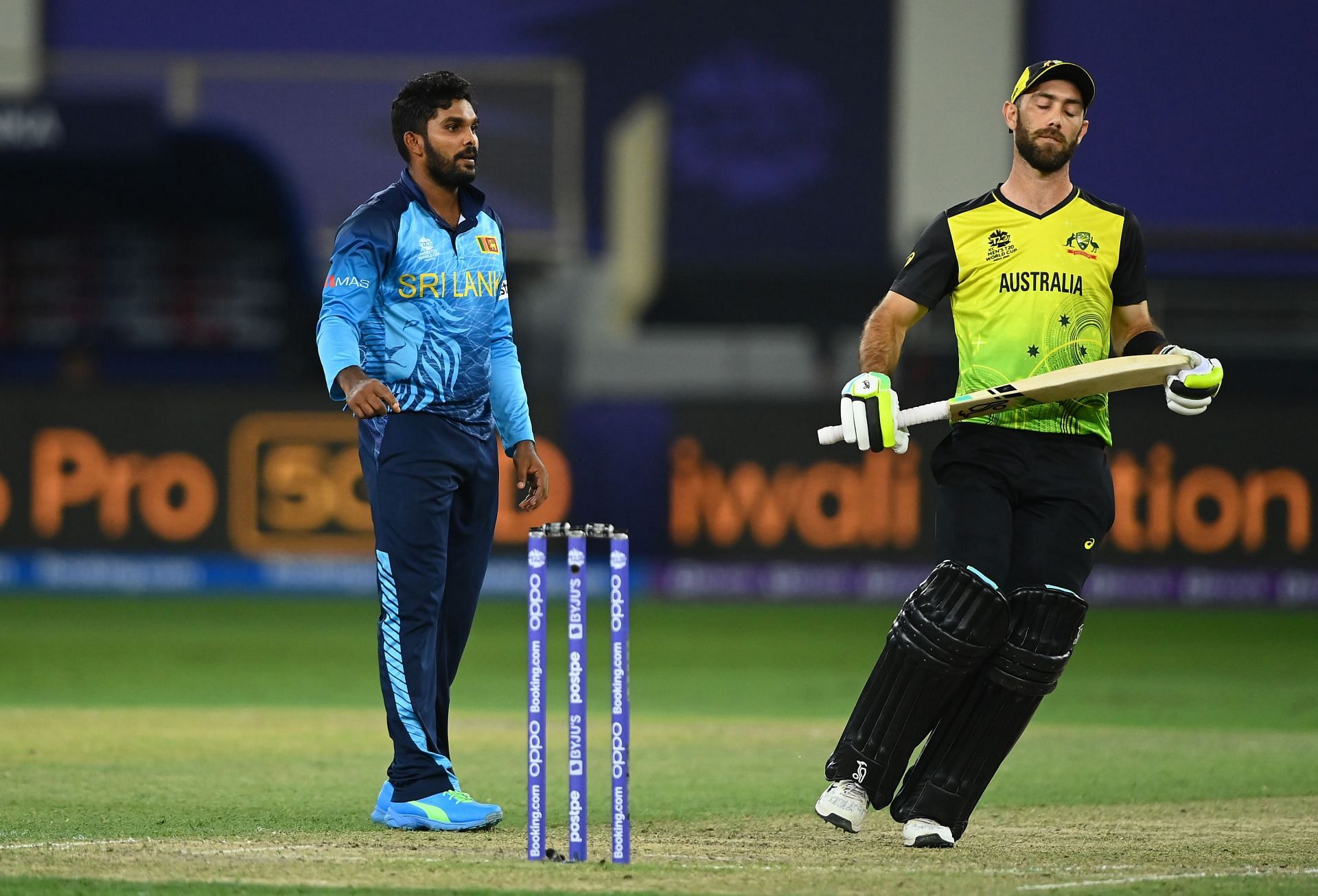 Glenn Maxwell (right) reacts during Australia&#039;s match against Sri Lanka.