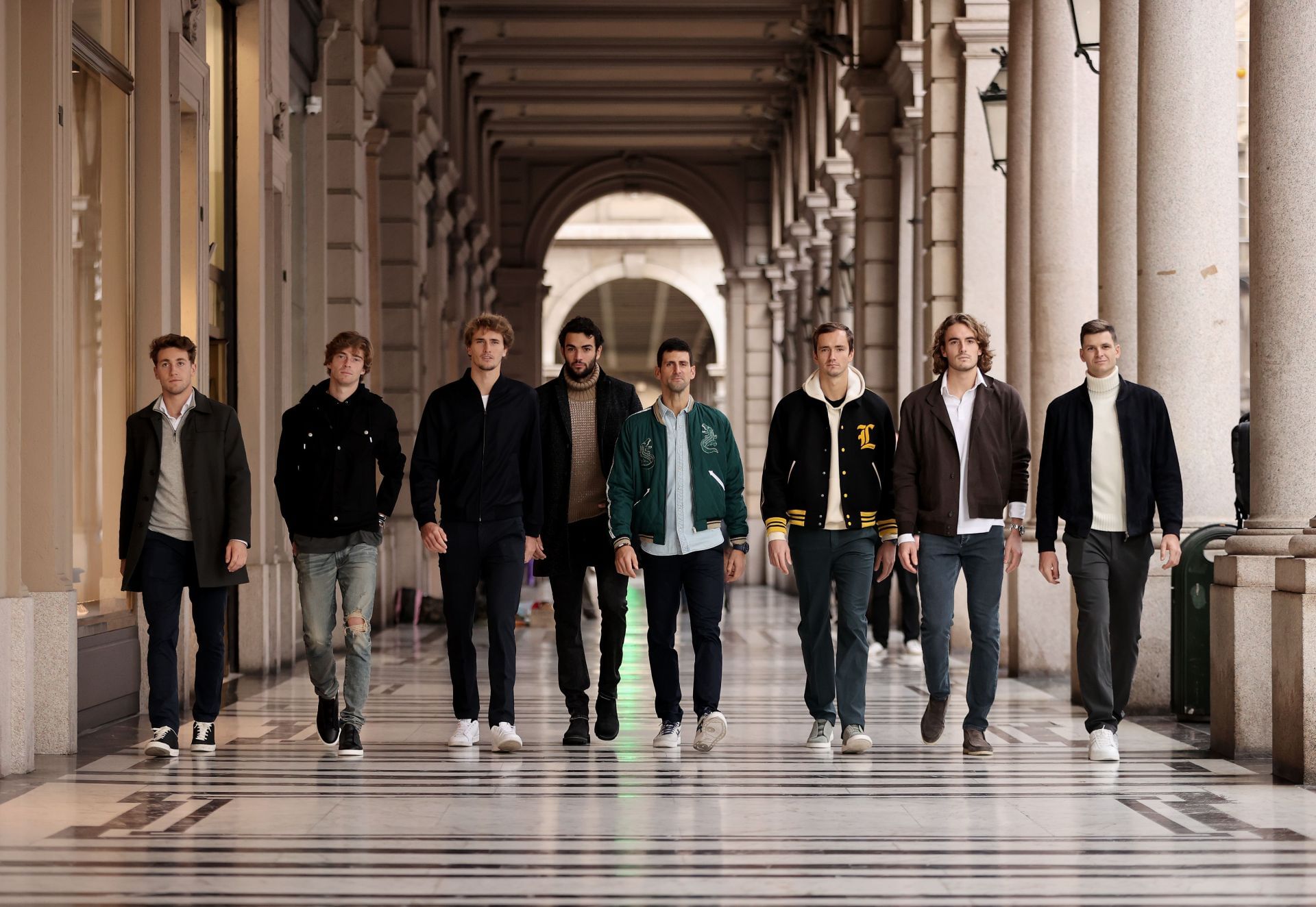 Casper Ruud, Andrey Rublev, Alexander Zverev, Matteo Berrettini, Novak Djokovic, Daniil Medvedev, Stefanos Tsitsipas and Hubert Hurkacz ahead of the Nitto ATP Finals in Turin