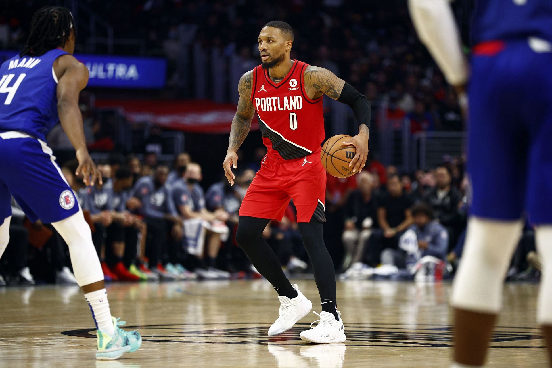 Damian Lillard #0 of the Portland Trail Blazers at Staples Center on November 09, 2021, in Los Angeles, California.