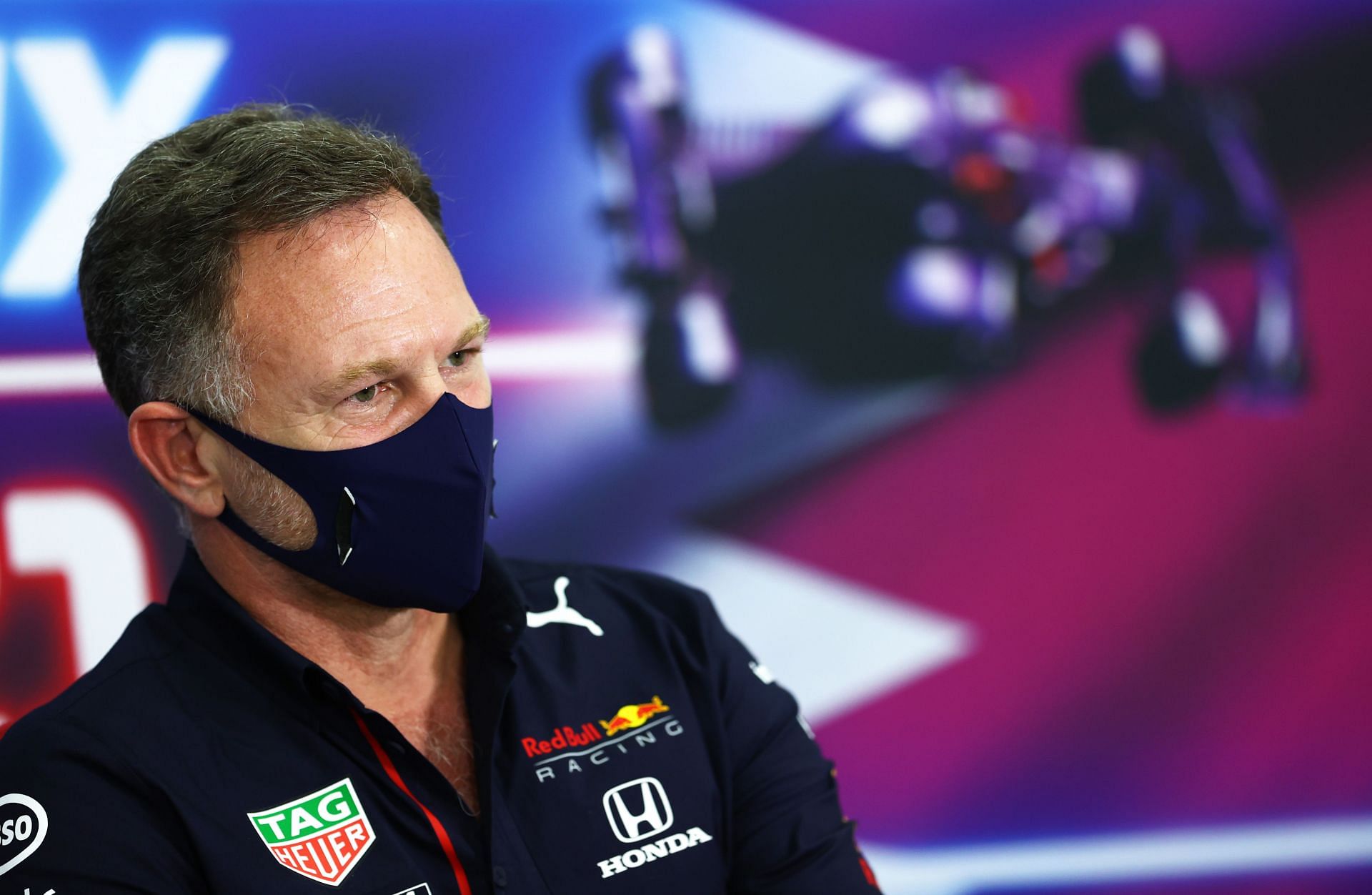 Christian Horner at the 2021 Qatar GP team principals&#039; press conference. (Photo by Dan Istitene/Getty Images)