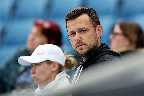 Iga Swiatek's coach Piotr Sierzputowski looks on during a match at the Gippsland Trophy