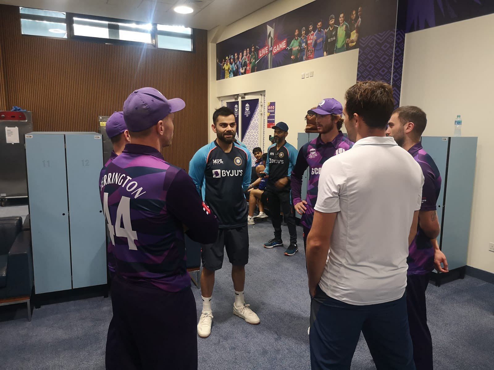 Virat Kohli and other Indian cricketers visited Scotland&#039;s dressing room after the game (Credit: Twitter)