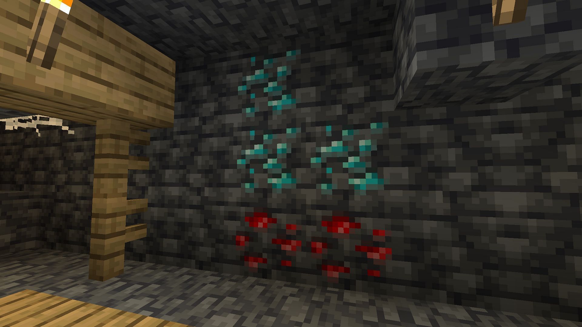 Deepslate diamond ores in a mineshaft (Image via Minecraft)