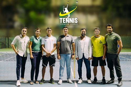 From left: Kunal Thakur (TPL co-founder), Radhika Tulpule (mentor, Pune Jaguars), Karim Khan (men's winner), Punit Balan (owner, Pune Jaguars), Shyam Patel (owner, Mumbai Leon Army), Nittin Kirtane (men's No. 2), Mrunal Jain (TPL co-founder)