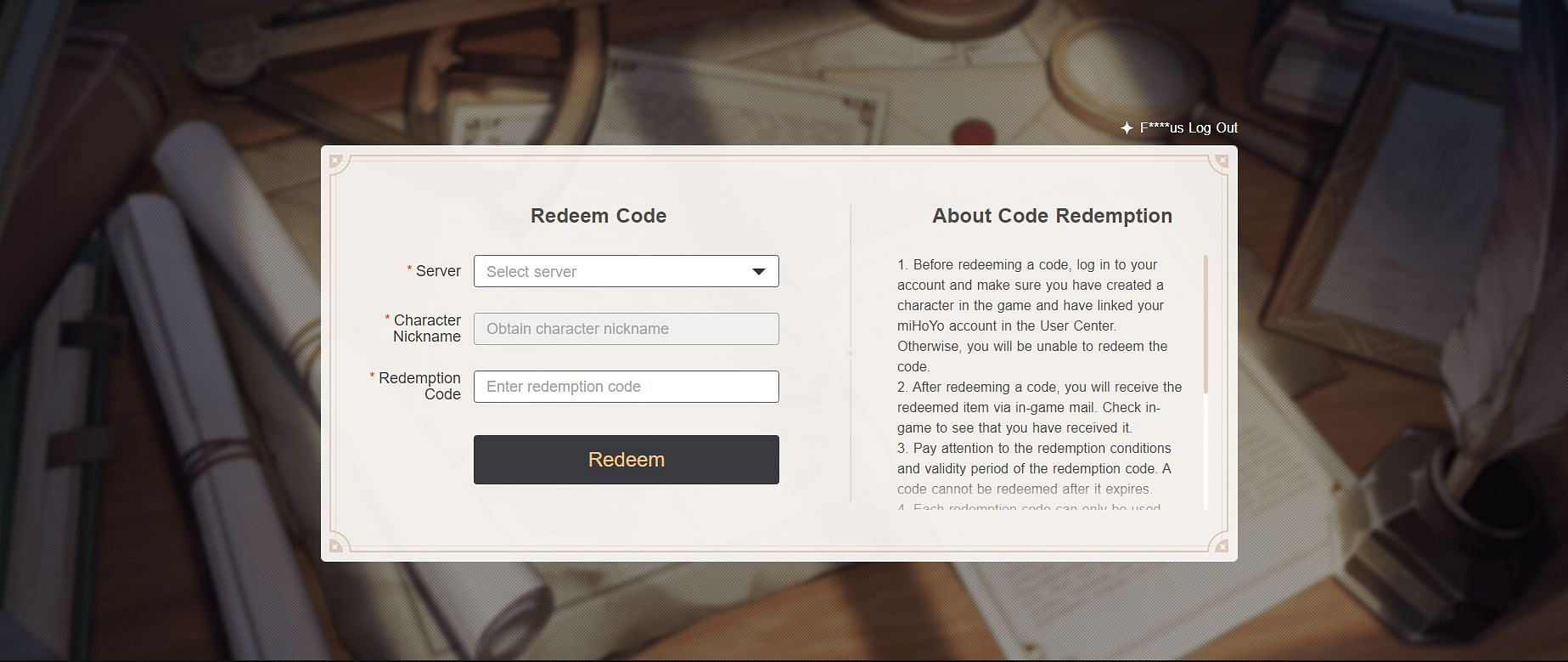 miHoYo&#039;s code redemption page (Image via miHoYo)