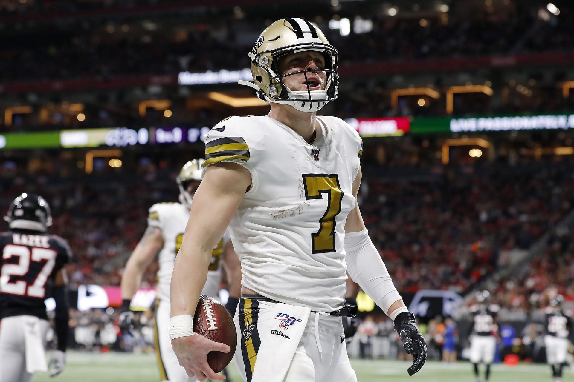 New Orleans Saints QB Taysom Hill celebrates after scoring a touchdown against Atlanta last season (Photo: Getty)