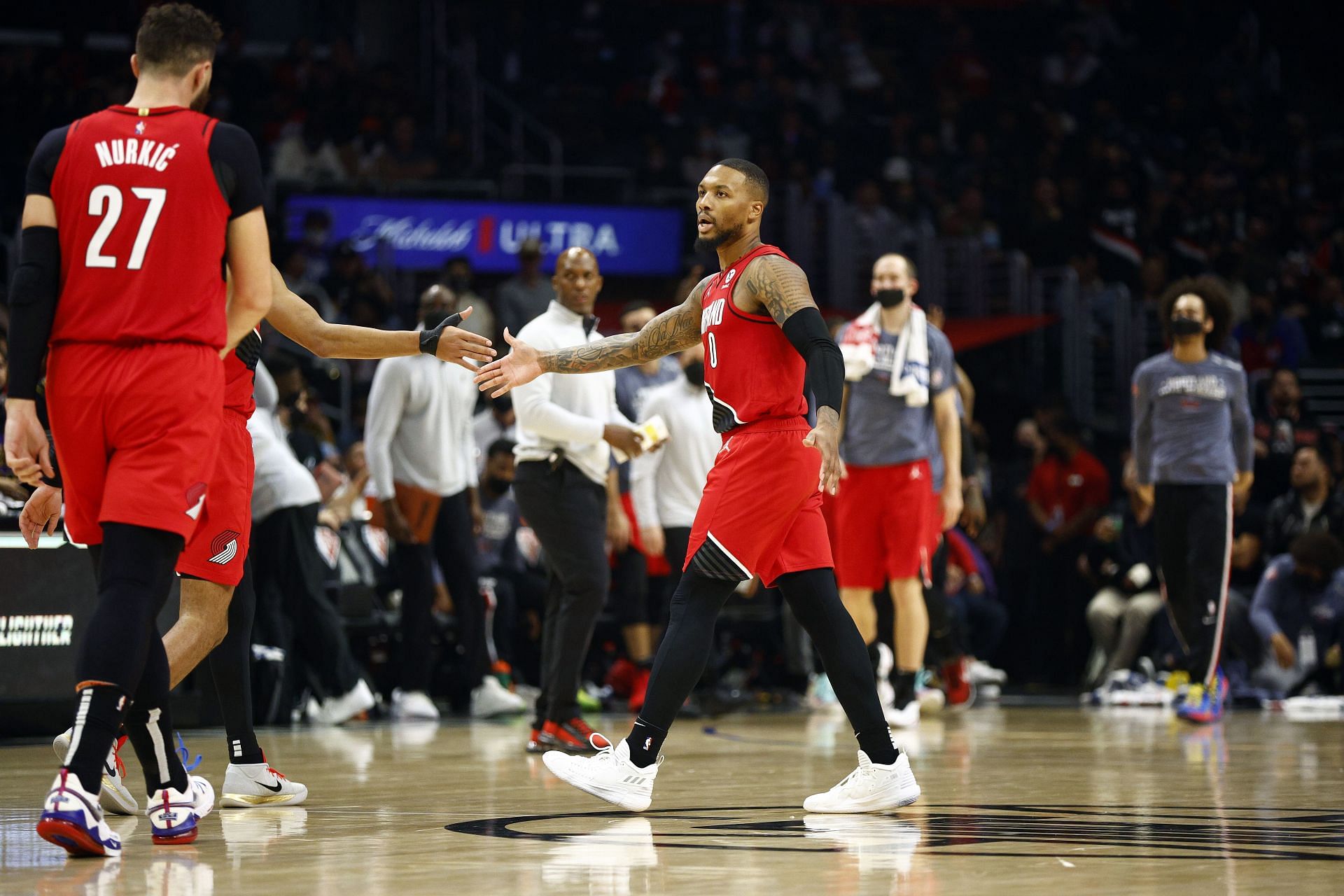Portland Trail Blazers celebrate a play against the LA Clippers.