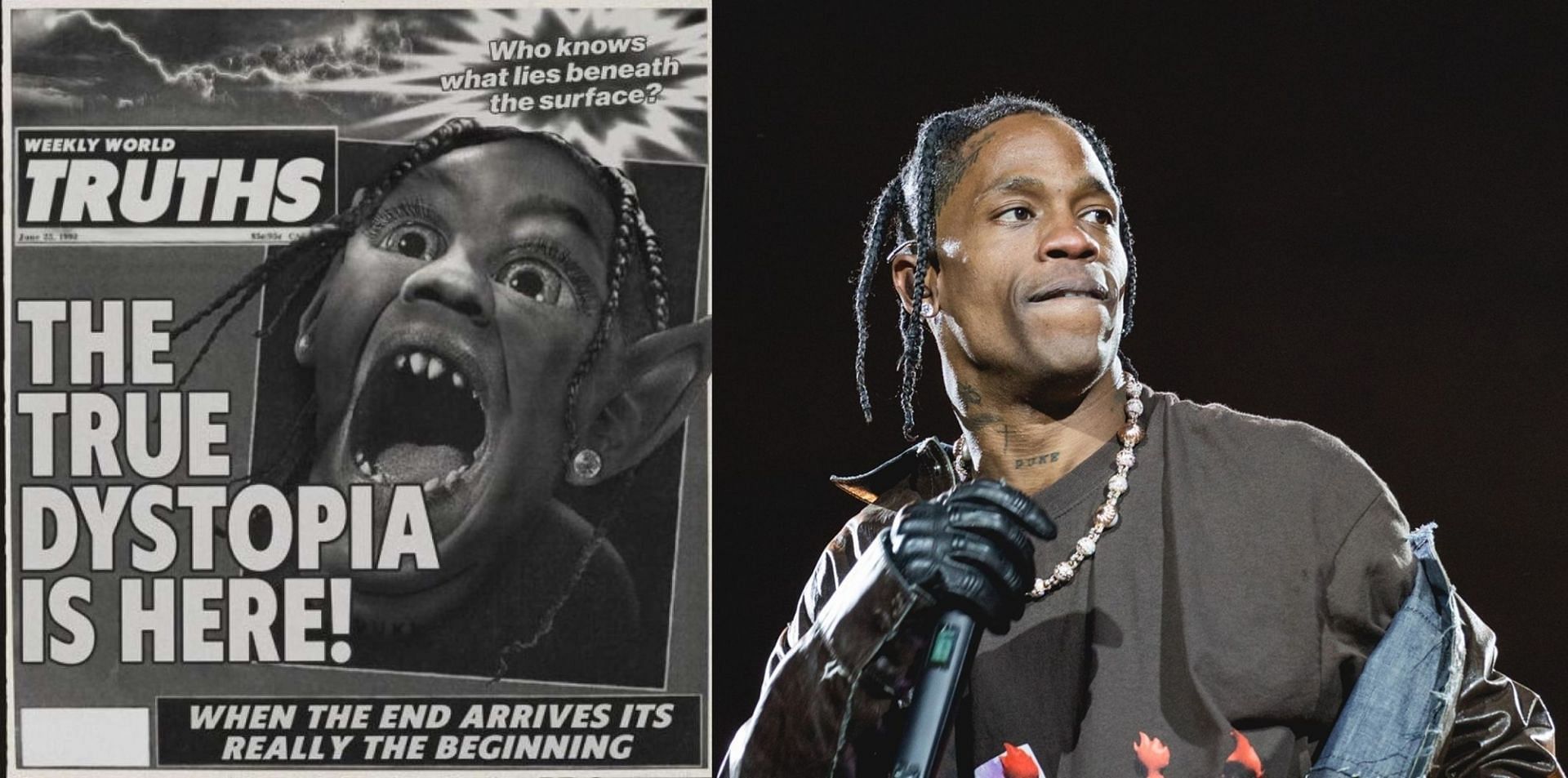 Astroworld promotional poster and Travis Scott (Image via Live Nation and Getty Images/Rick Kern)