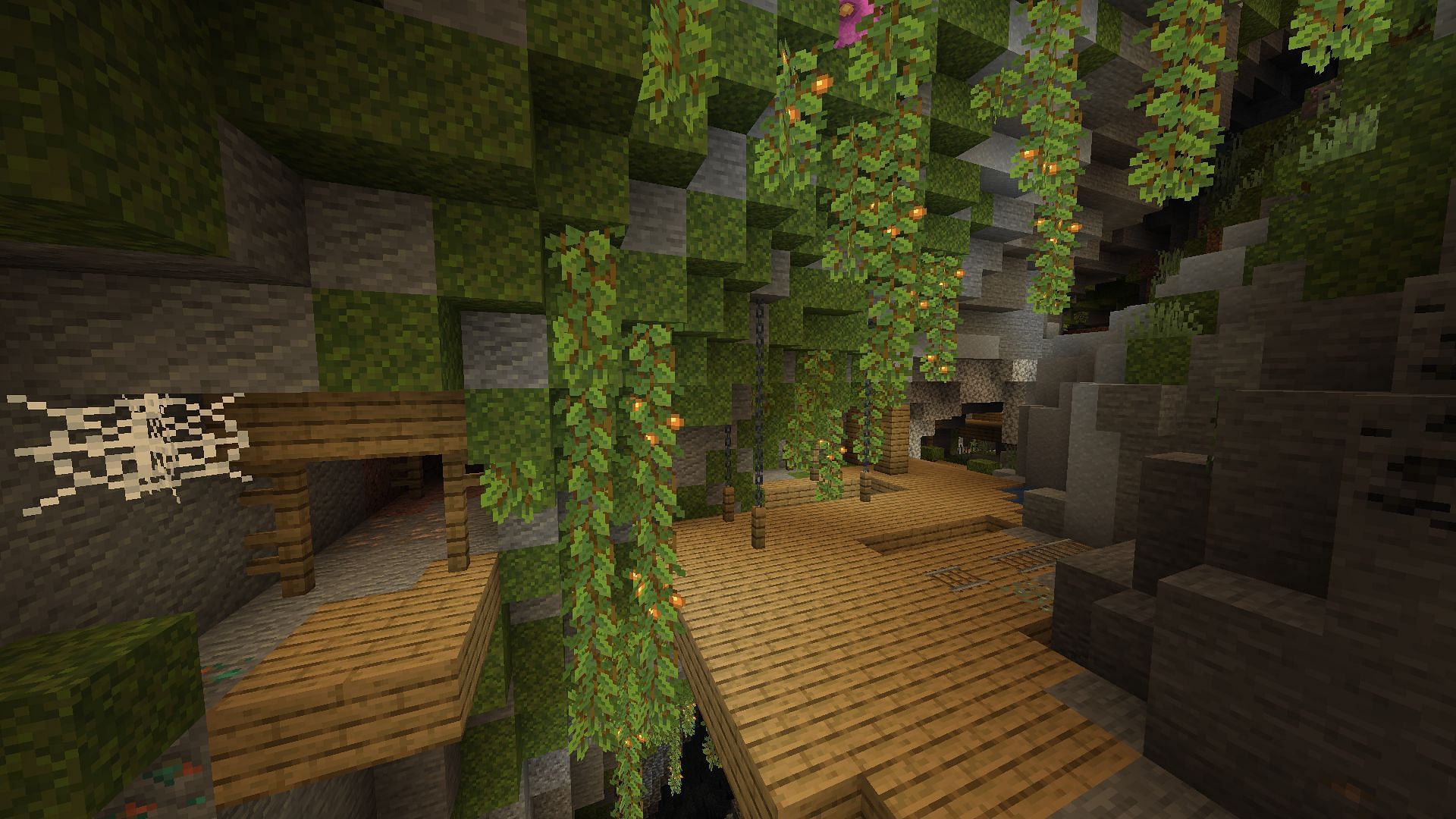 Lush caves biome and a mineshaft (Image via Mojang)