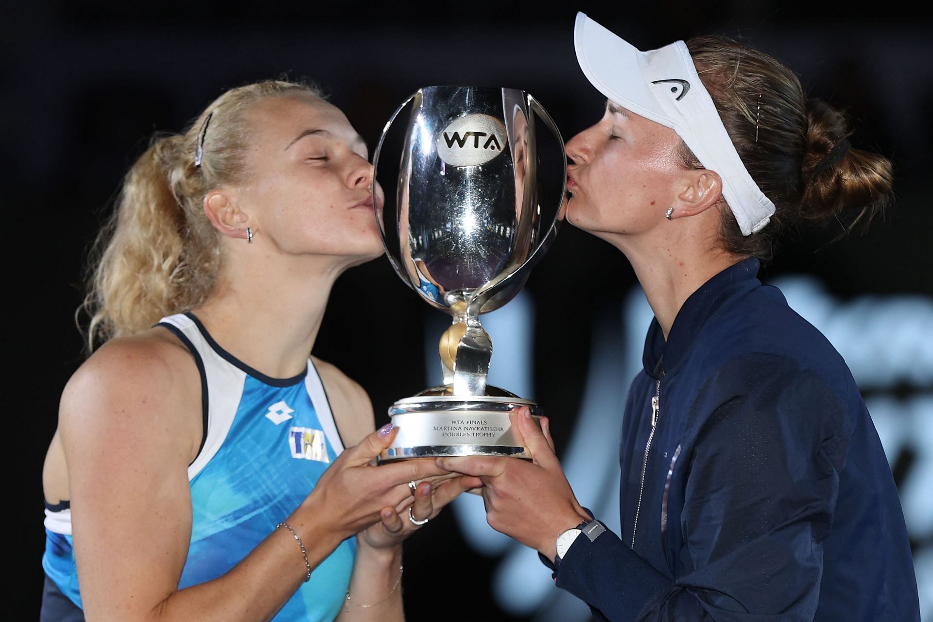 Barbora Krejcikova (R) and Katerina Siniakova at the 2021 WTA Finals.