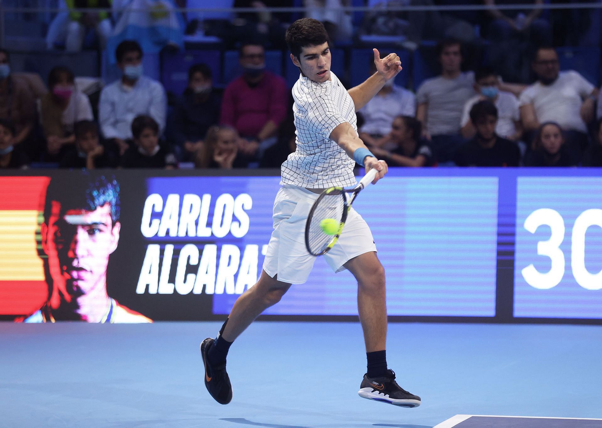 Carlos Alcaraz in action at the Next Gen ATP Finals