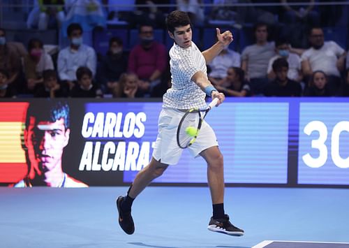 Carlos Alcaraz in action at the Next Gen ATP Finals