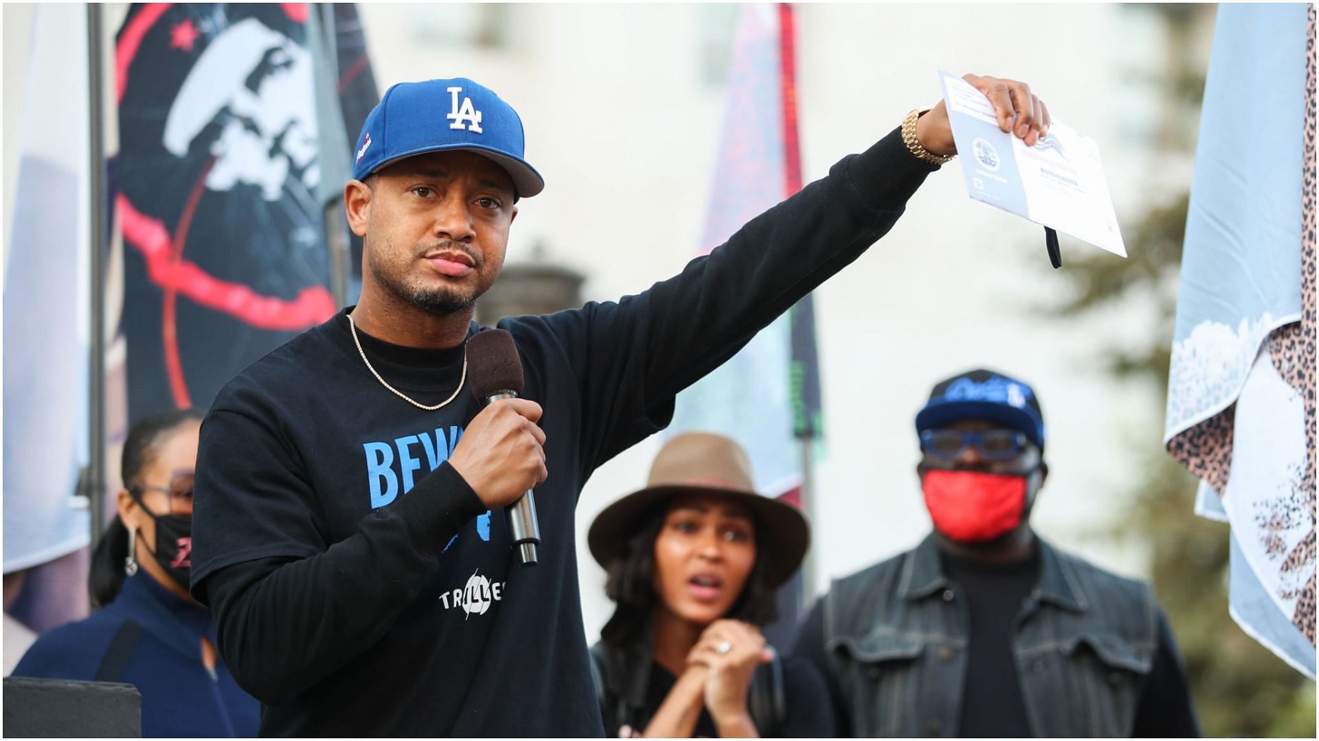 Terrence J speaks during the BLD PWR and Black Lives Matter Los Angeles final march to the polls on October 28, 2020, in Los Angeles, California (Image via Getty Images)