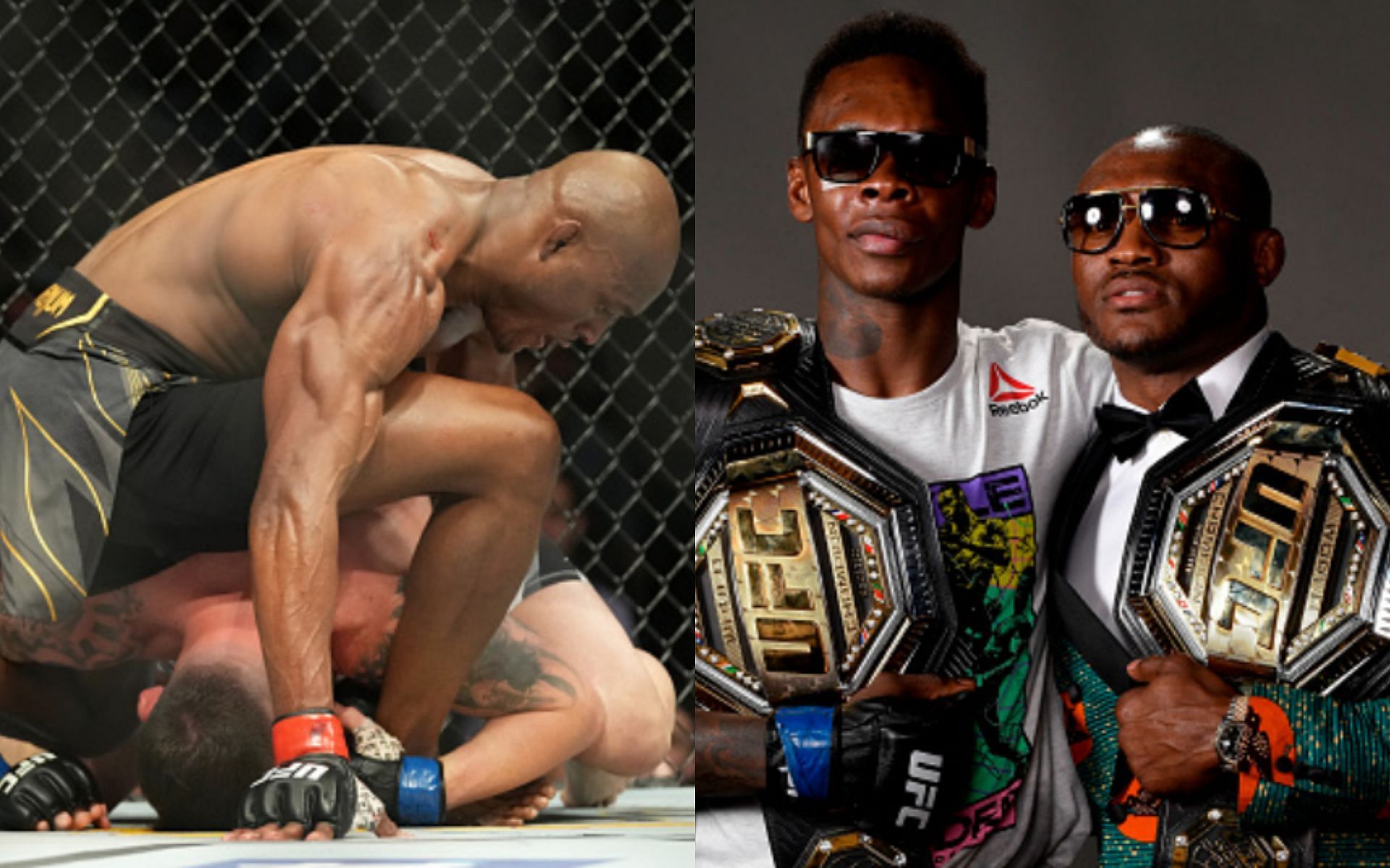 Usman defends against Covington&#039;s takedown attempt at UFC 268 (left); Israel Adesanya and Kamaru Usman (right)