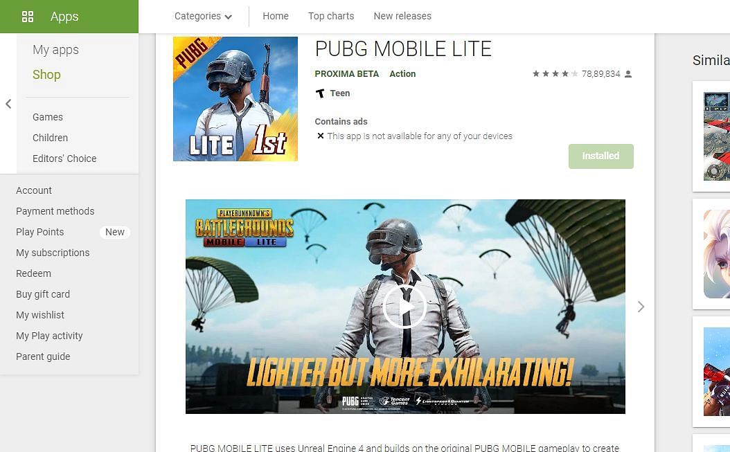 PUBG Mobile Lite has a download size of 714 MB with variable in-game resource packages (Image via Google Play)
