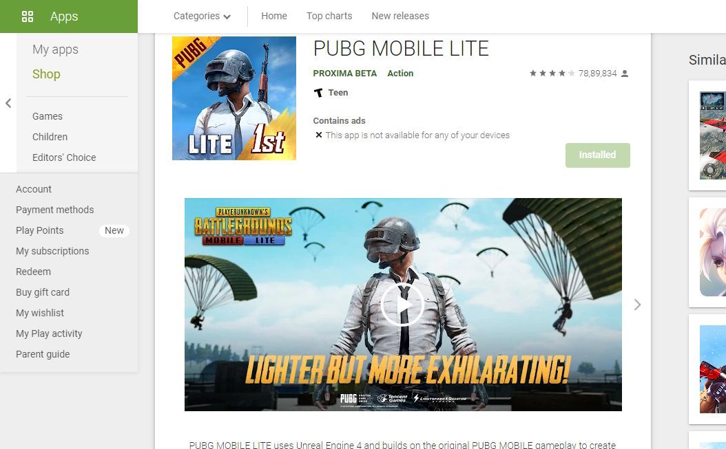 PUBG Mobile Lite has a download size of 714 MB with variable in-game resource packages (Image via Google Play)