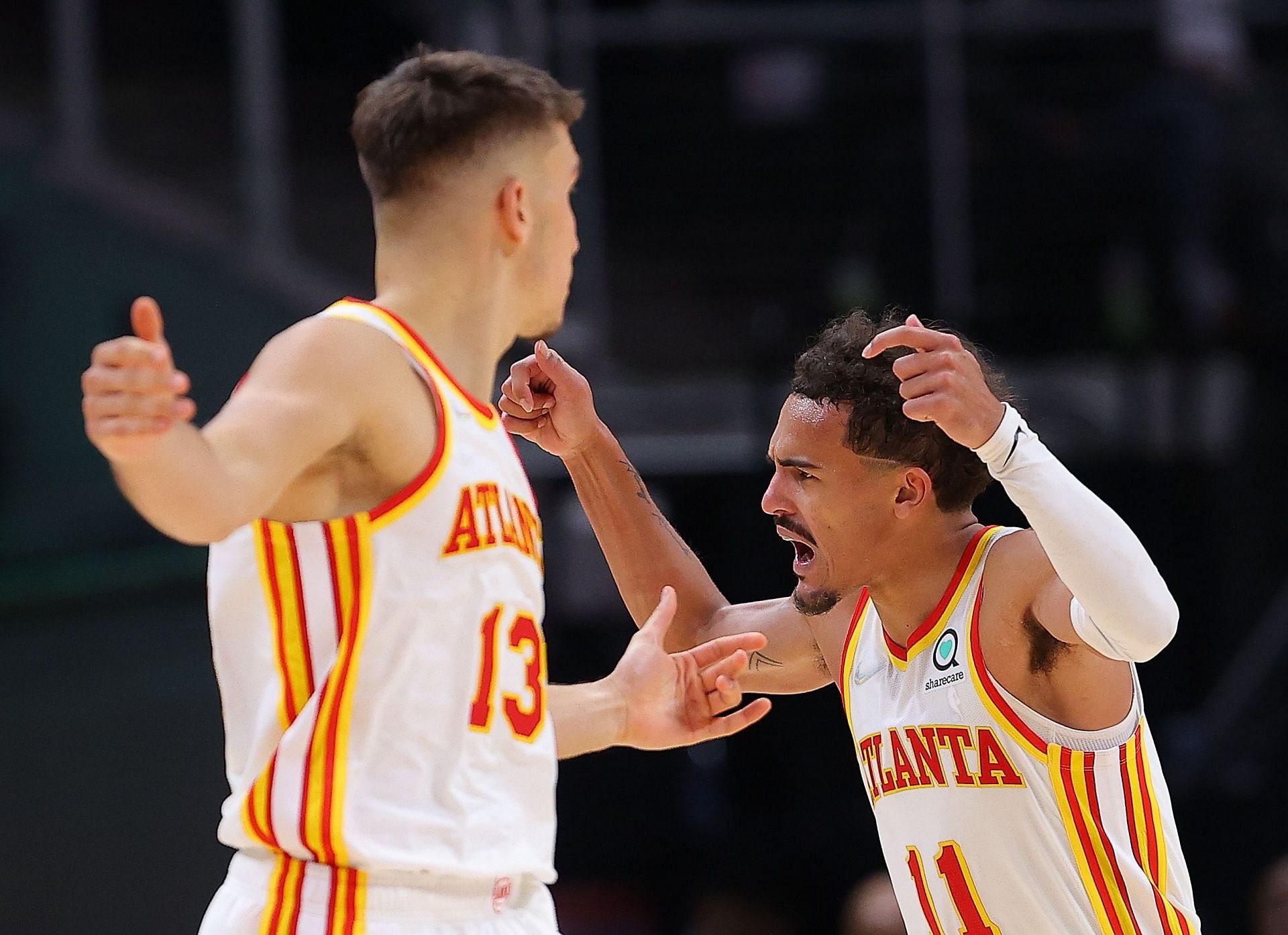 Bogdan Bogdanovic and Trae Young of the Atlanta Hawks