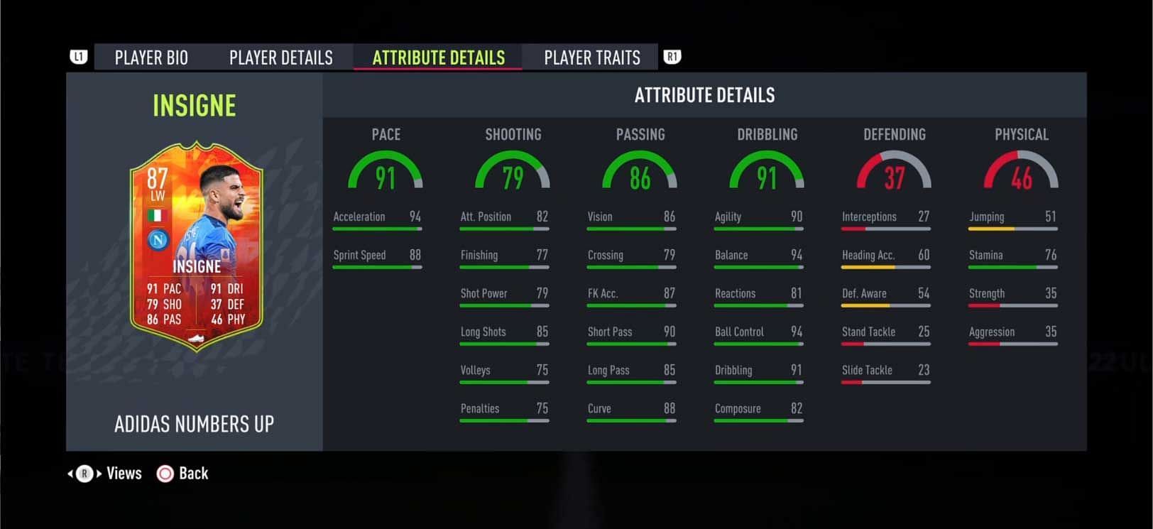 Insigne Numbers Up card stats in FIFA 22 (Image via FIFA 22)