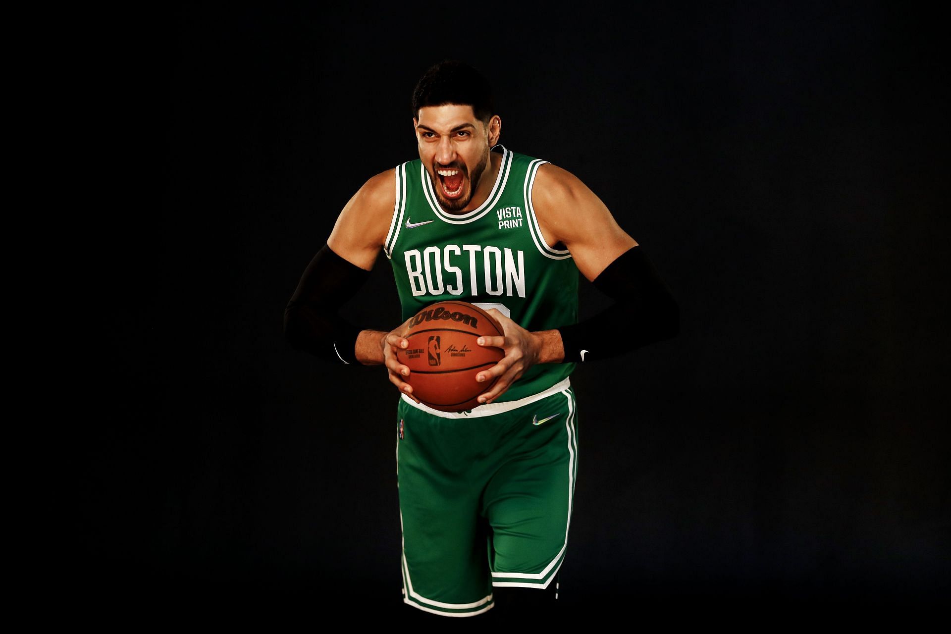 Enes Kanter of the Boston Celtics poses during media day at High Output Studios on Sept. 27, 2021, in Canton, Massachusetts.