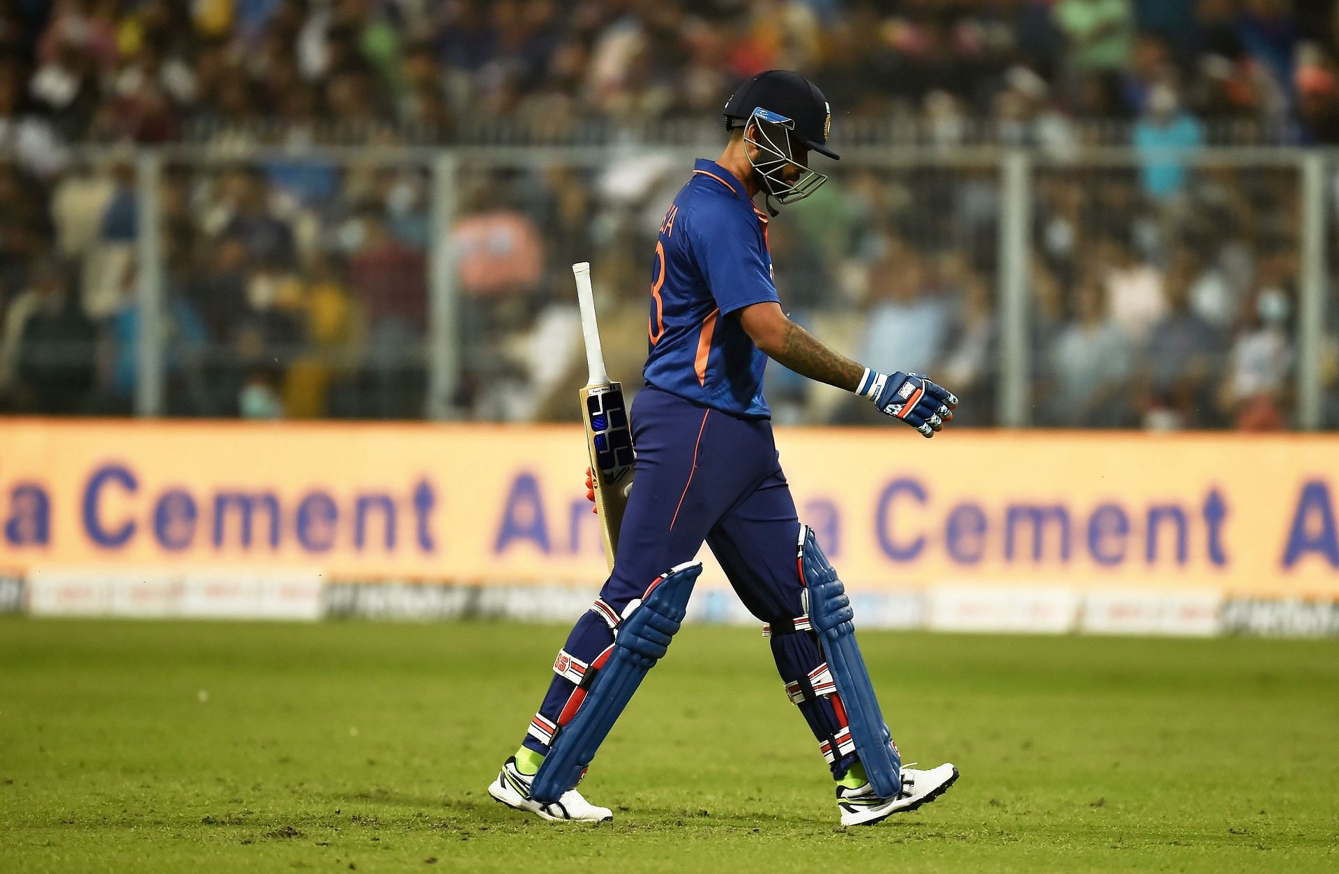 Suryakumar Yadav walks off after being dismissed during the third T20I. Pic: Getty Images