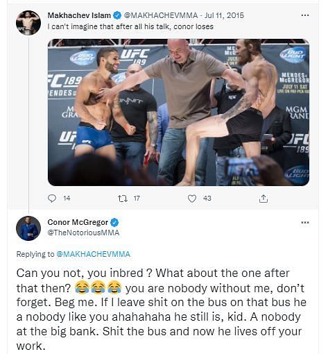 Conor McGregor&#039;s reply to Islam Makhachev&#039;s 2015 Twitter post
