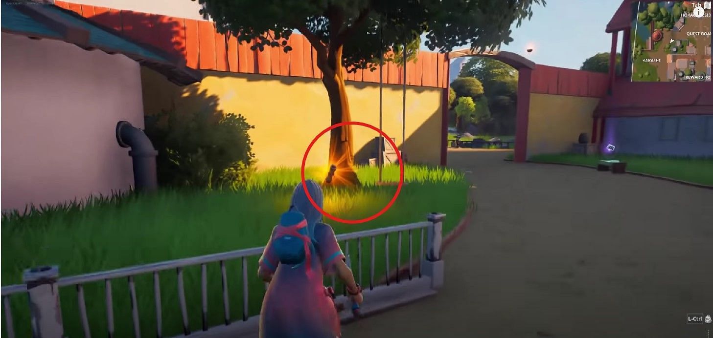 Location of Naruto scroll in Fortnite Hidden Leaf Village Adventure hub (Image via Fortnite)