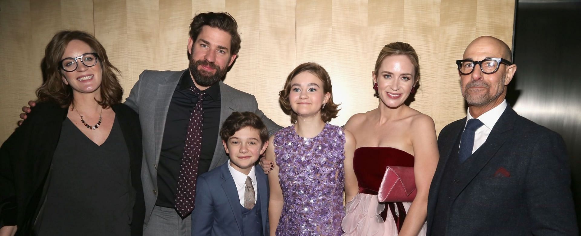 Felicity Blunt and Stanley Tucci with Emily Blunt, John Krasinski, Noah Jupe and Millicent Simmonds at the premiere of A Quiet Place (Image via Getty Images/Sylvain Gaboury)
