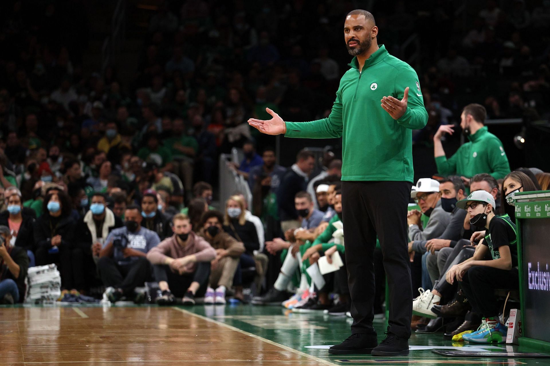Boston Celtics head coach Ime Udoka reacts during the first quarter of the game against the Toronto Raptors at TD Garden on November 10, 2021 in Boston, Massachusetts.