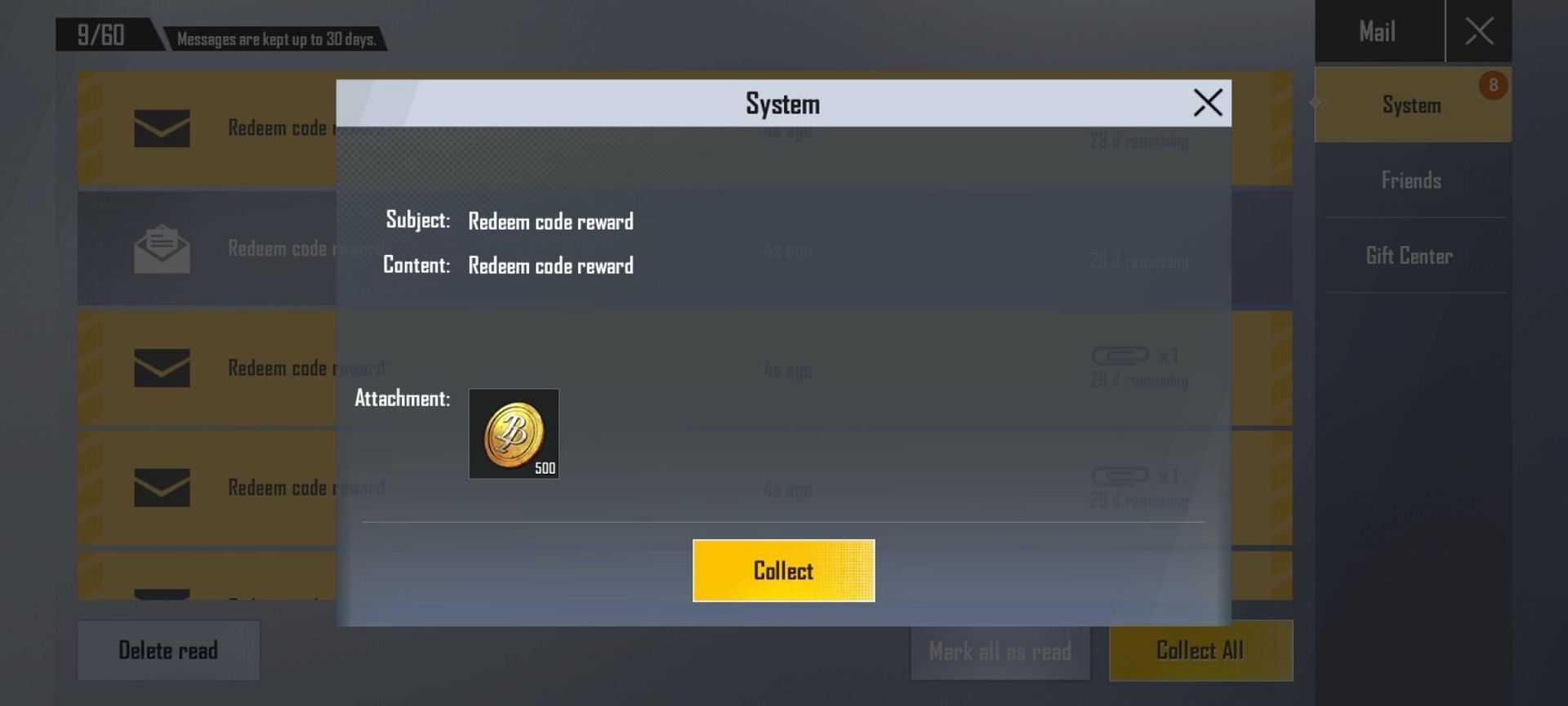 500 BP, reward for one of the working codes (Image via PUBG Mobile Lite)