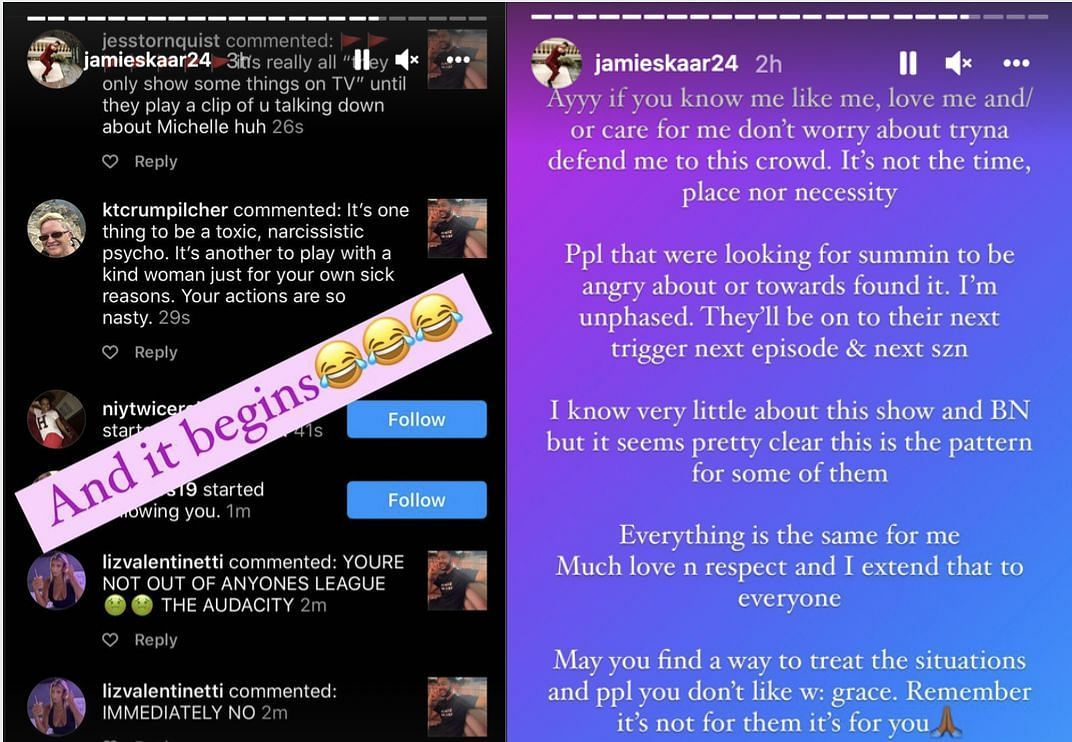 Jamie Skaar responds to haters via Instagram story (Image via screenshot/ Instagram)