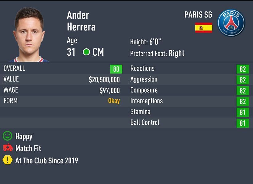 Ander Herrera has a 79-rated base card in FIFA 22 (Image via Sportskeeda)