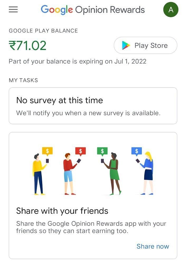 Earned Google Play balance (Image via Google Opinion Rewards)