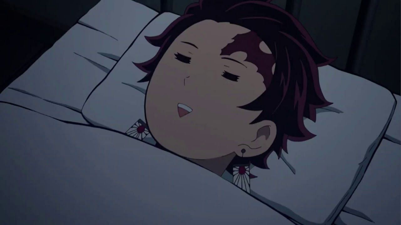 Tanjiro is sleeping peacefully, much like having to rewatch the Mugen Train arc for some Demon Slayer fans (Image via Ufotable)