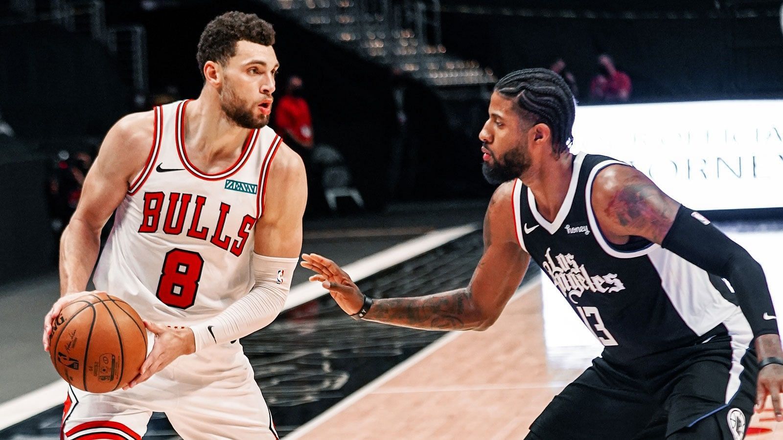 Zach LaVine of the Chicago Bulls against Paul George of the LA Clippers