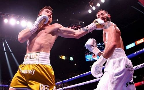 Canelo Alvarez (left) in action against Caleb Plant (right) [Image credit: @espnringside on Instagram]